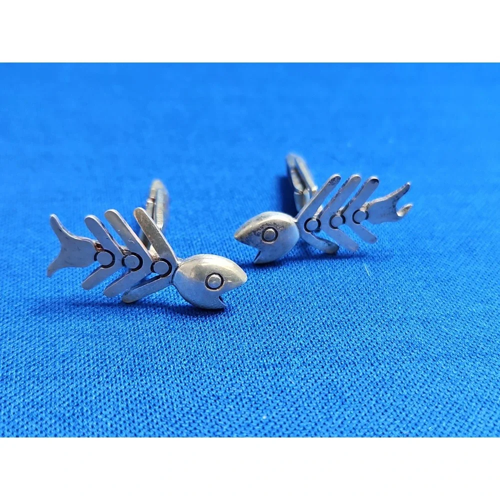 Vintage Sterling Silver FISH BONE Cufflinks Fishbone Skeleton Rockabilly Goth